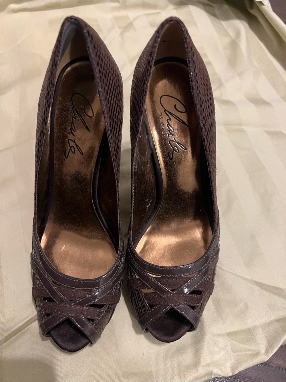 Charles David Brown Peep-Toe Heels with Woven Texture - see note in description